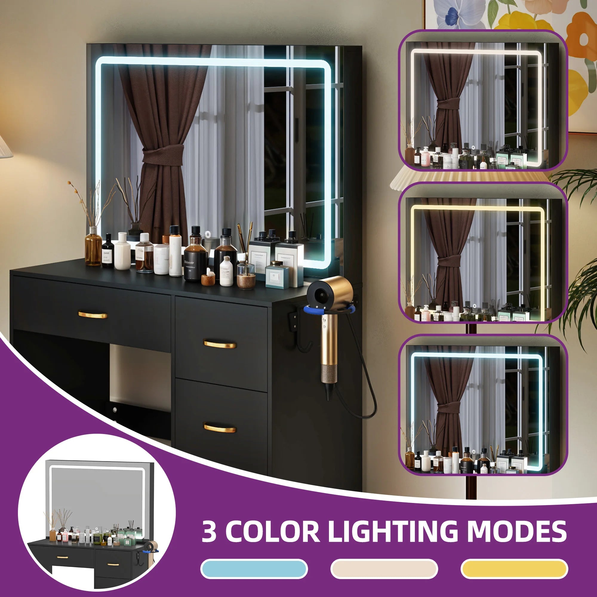 YITAHOME Dressing Table & Stool Set - Vanity Desk with 3-Color LED Mirror, 4 Drawers & Power Outlet (Black)