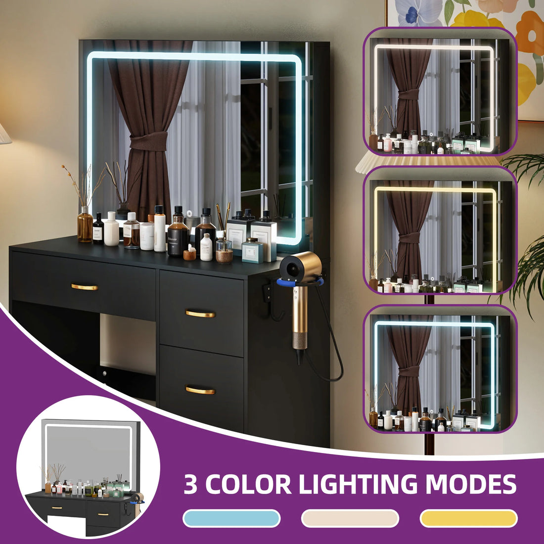 YITAHOME Dressing Table & Stool Set - Vanity Desk with 3-Color LED Mirror, 4 Drawers & Power Outlet (Black)