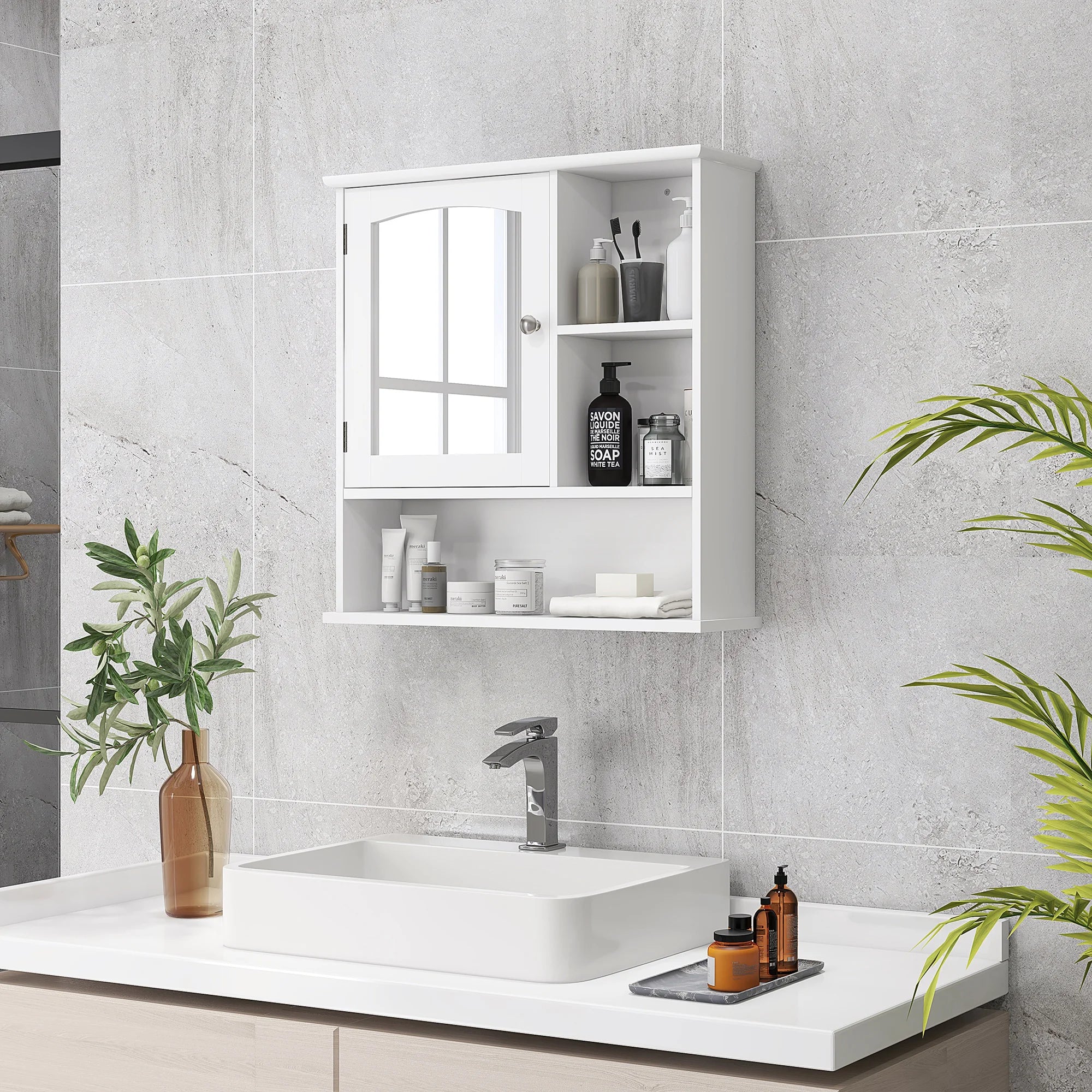 Wall Mounted Bathroom Mirror Glass Storage Cabinet Cupboard with Shelf