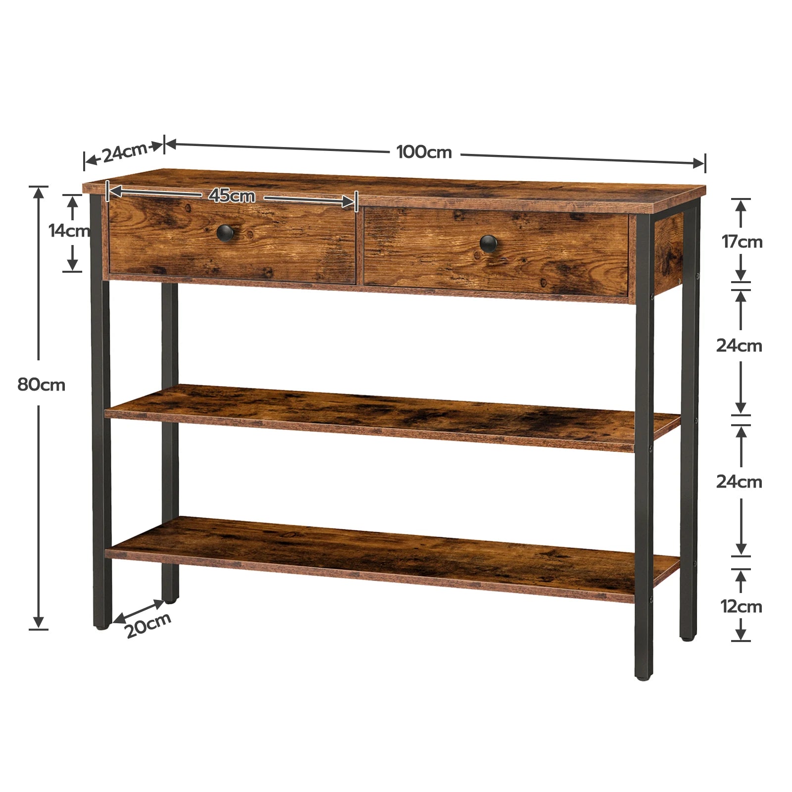 Rustic Brown Modern Console Table With 2 Drawers - Hallway Sofa Entryway Storage, Particleboard & Metal Frame Easy Assembly