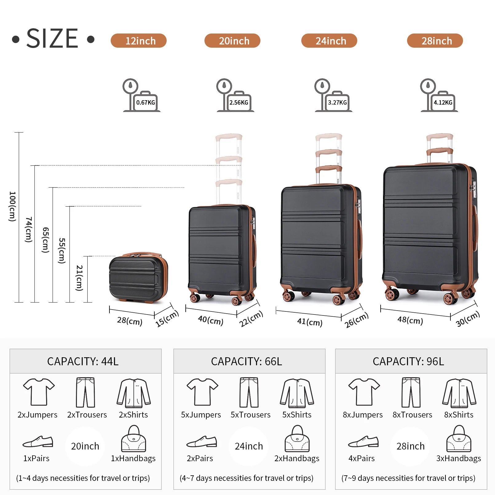 KONO 20/24/28 Inch Travel Trolley Case Hard Shell Suitcase, Lightweight ABS Carry On Luggage with TSA Lock, 360° Silent Double Spinner Wheels, 3-Level Adjustable Telescopic Handle,
