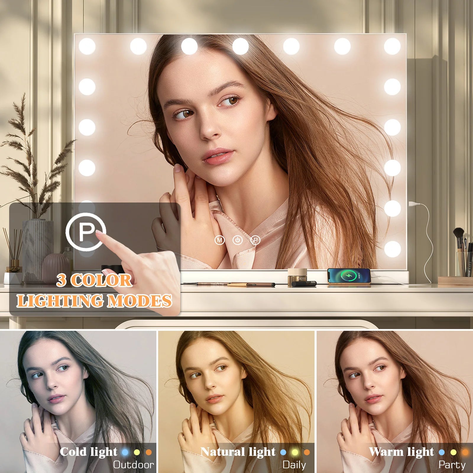 Dimmable LED Makeup Mirror, 10X Magnification, Three-Colour Touchscreen Makeup Mirror with Lighting, USB-Powered Desktop Mirror
