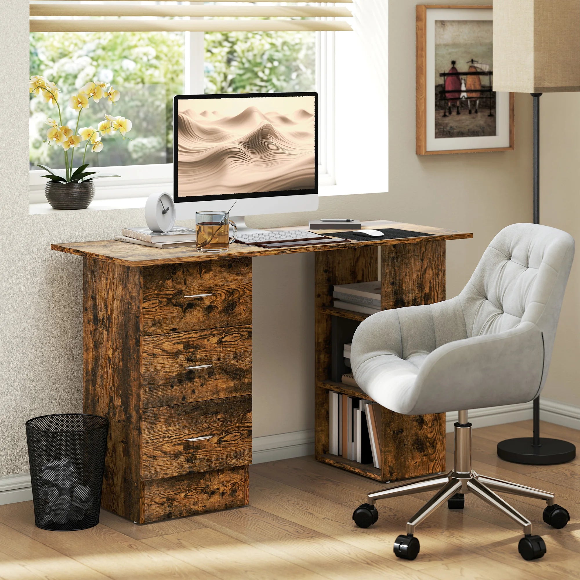 120cm Computer Desk, Study Table with 3 Shelf & Drawers