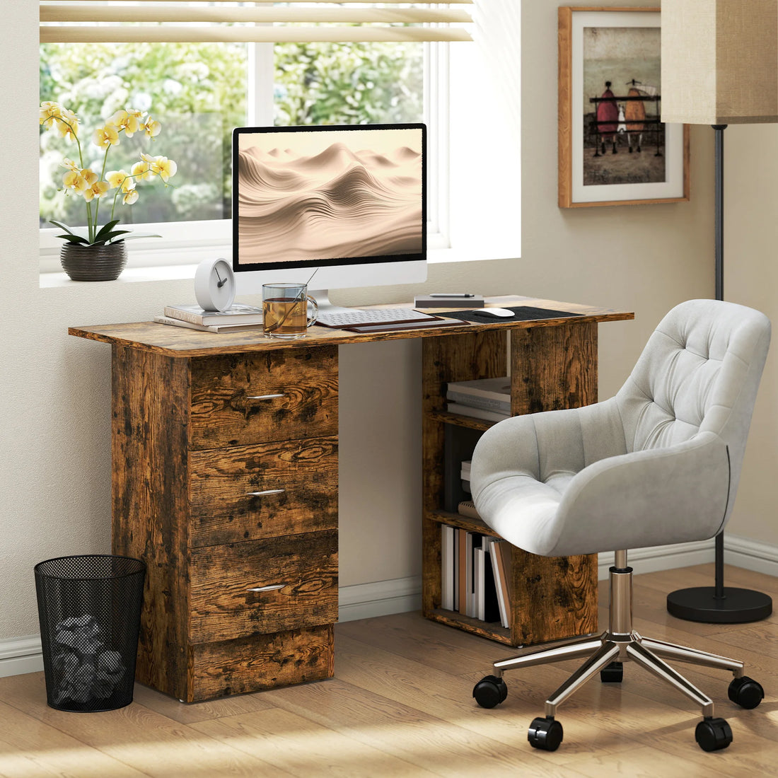 120cm Computer Desk, Study Table with 3 Shelf & Drawers