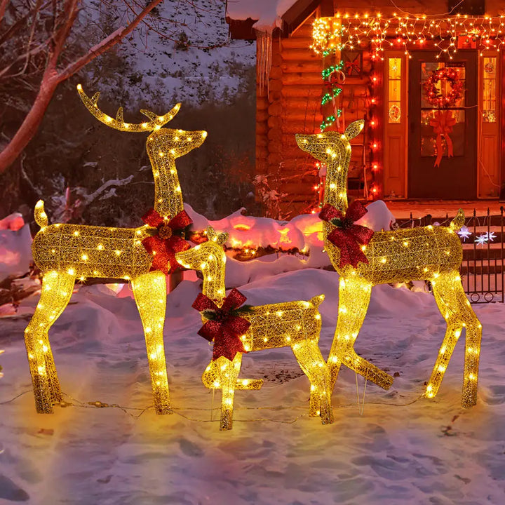 3-Piece Golden Reindeer Family Light Set with Warm White Lights, 2D Mesh Fabric and Powder Finish, 4 ft, 4.5V 3.6W, Christmas Yard Decor for Front Lawn