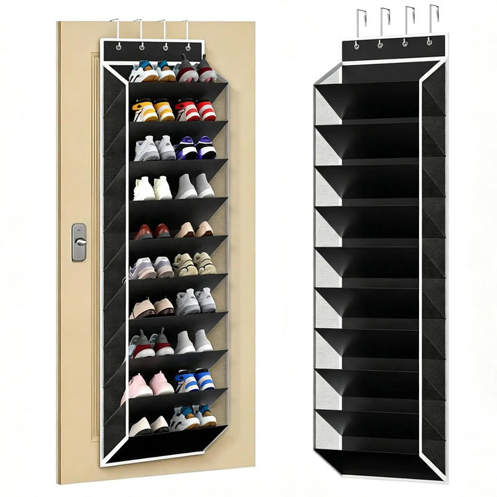 10 Tier Over The Door Shoe Organizer, Hanging Shoe Storage Rack with Reinforced Support Frame, Large Capacity Door Hanging Shoe Holder for Sneakers Boots, No Drill Door Storage for Entryway Bedroom