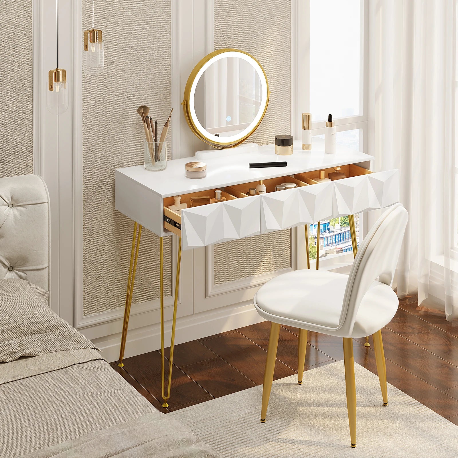 1SET Dressing Table with 360° Rotating Mirror Velvet Chair LED Light in 3 Light Colours Vanity Makeup Desk Cosmetic Table