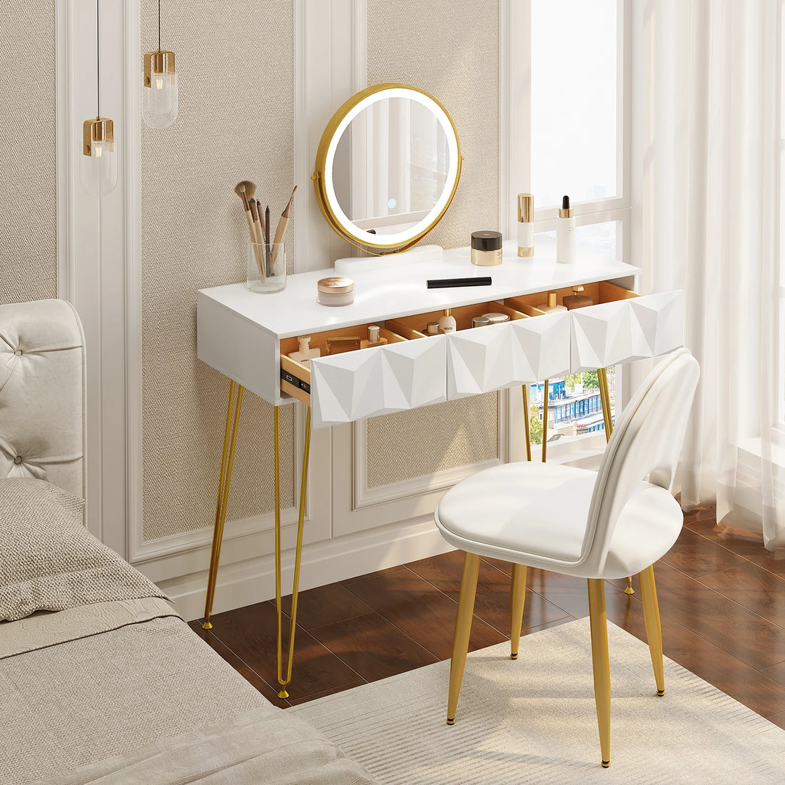 1SET Dressing Table with 360° Rotating Mirror Velvet Chair LED Light in 3 Light Colours Vanity Makeup Desk Cosmetic Table