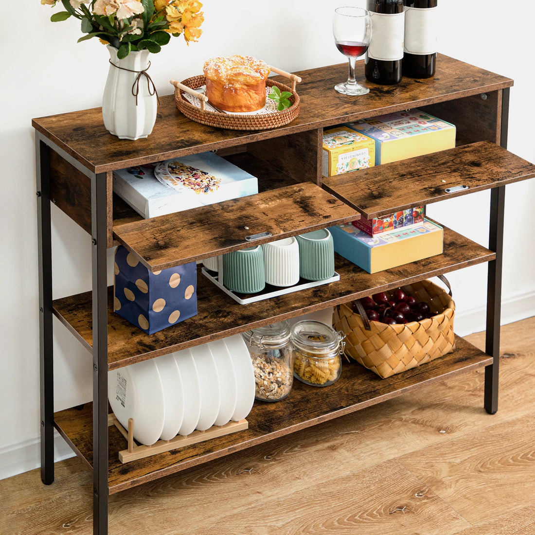Rustic Brown Modern Console Table With 2 Drawers - Hallway Sofa Entryway Storage, Particleboard & Metal Frame Easy Assembly