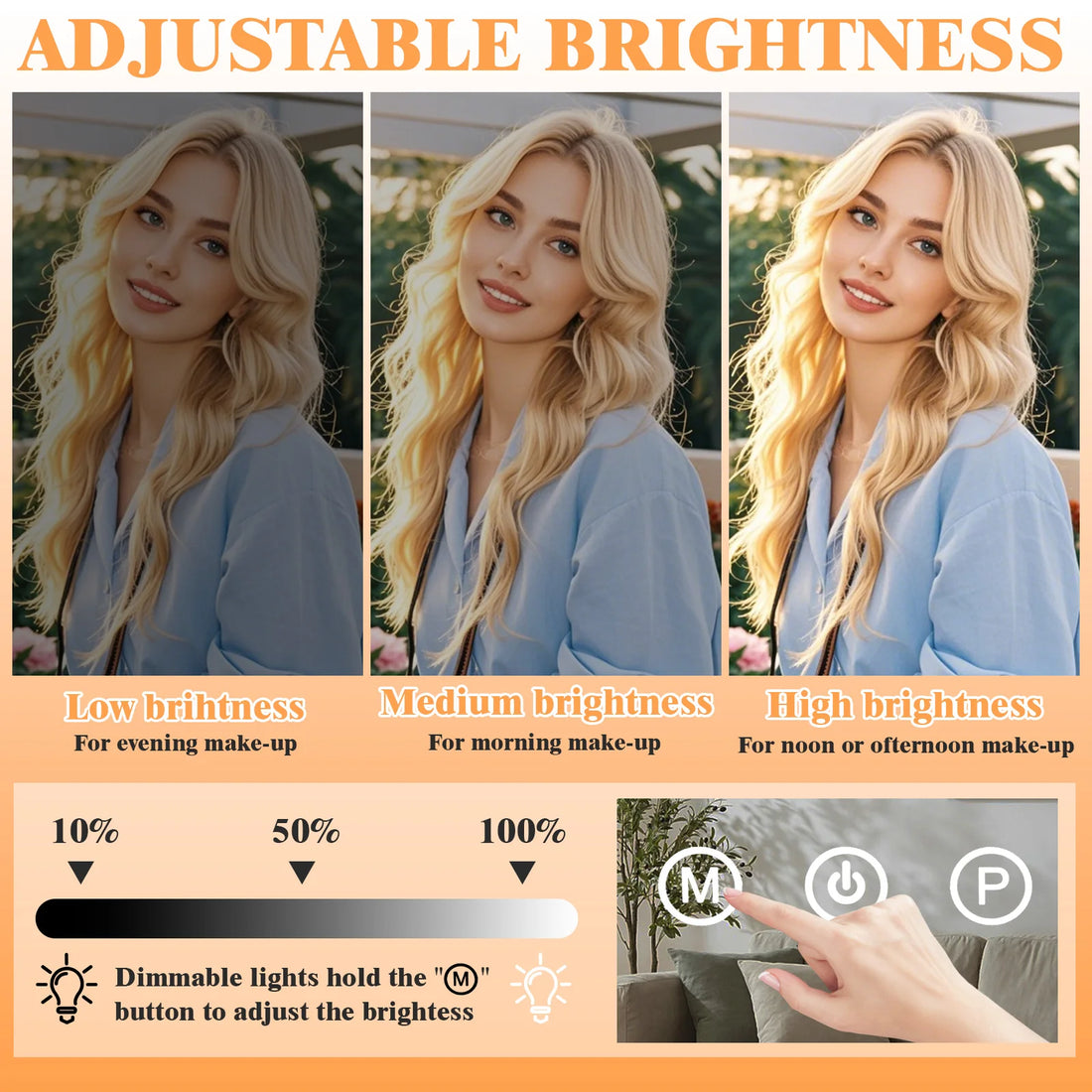 Dimmable LED Makeup Mirror, 10X Magnification, Three-Colour Touchscreen Makeup Mirror with Lighting, USB-Powered Desktop Mirror