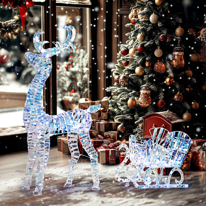 Outsunny Lighted Christmas Reindeer with Sleigh, Holiday Decor with Stakes, Silver