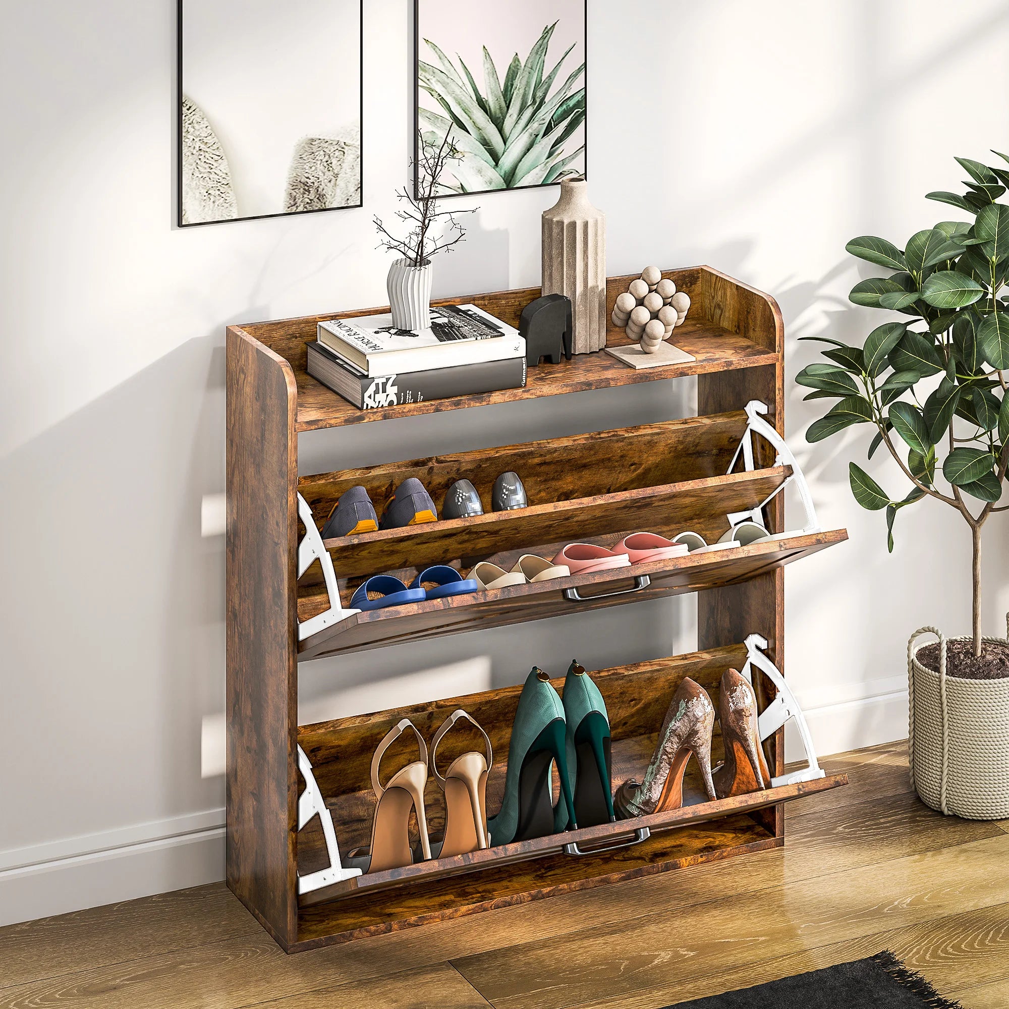 Narrow Shoe Cabinet Farmhouse Slim Shoe Storage Cabinet Rustic Brown