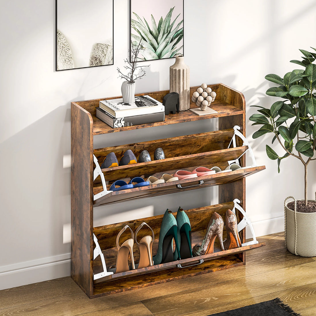 Narrow Shoe Cabinet Farmhouse Slim Shoe Storage Cabinet Rustic Brown