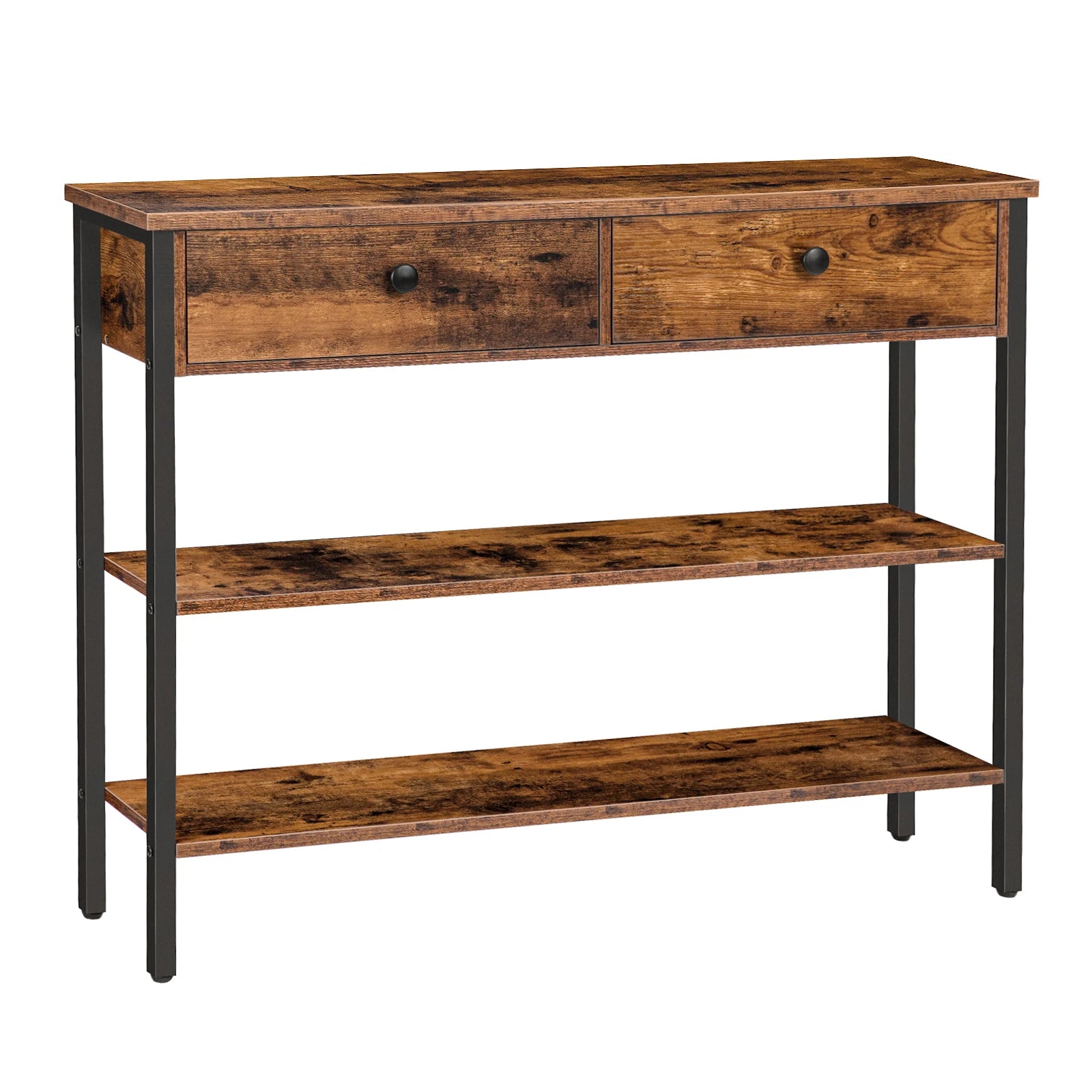 Rustic Brown Modern Console Table With 2 Drawers - Hallway Sofa Entryway Storage, Particleboard & Metal Frame Easy Assembly