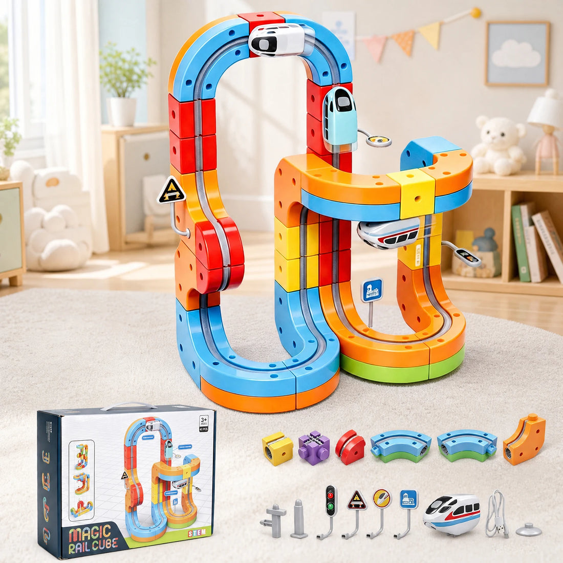 123PCS Magical Track Train STEM Educational Toys USB Rechargeable 3D Building Tracks Cube Rails DIY Assembly Toy Christmas Birthday Gift for Kids Age 3+