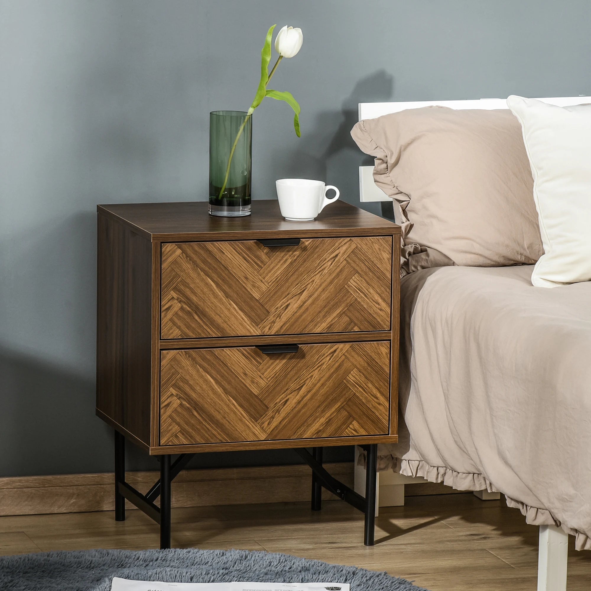 Two-Drawer Herringbone Bedside Table Home Cabinet Bedroom Storage Brown