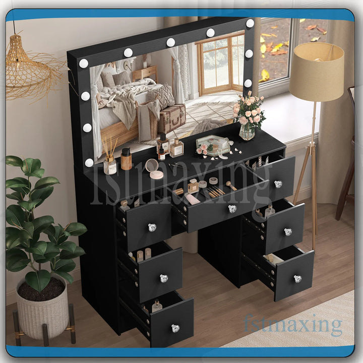 Black Dressing Table With 11 LED Light Mirror 7 Drawers Vanity Table Makeup Desk