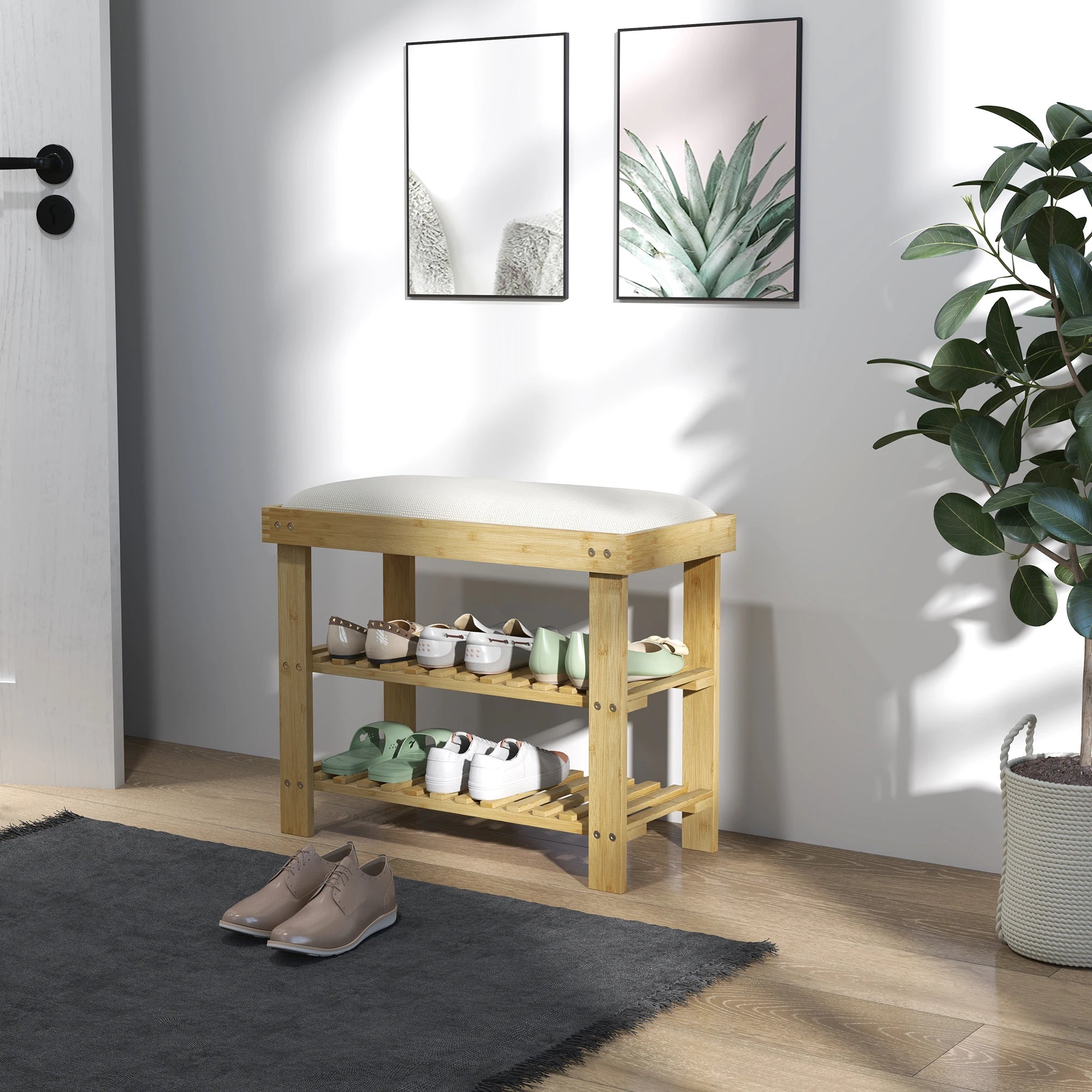 3-Tier Shoe Storage Bench, Bamboo Shoe Rack for Entryway, Cream