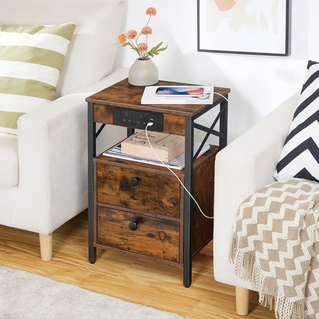 Bedside Table with Charging Station Side Table with 2 USB Ports and 2 AC Outlets Bed Side Table with 2 Flip-Down Compartments