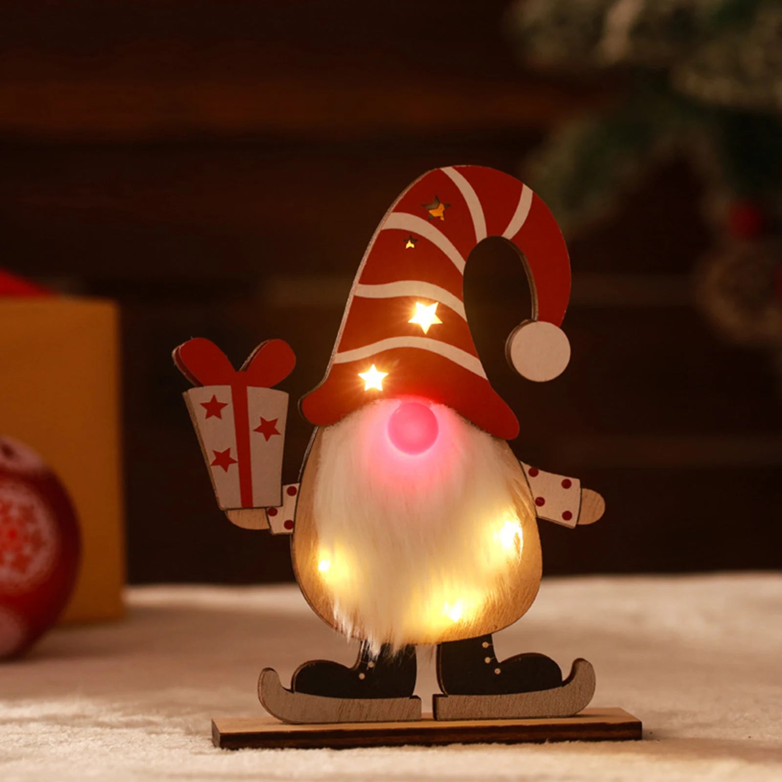 2PCS LED Cute Christmas Ornament Multi-Purpose Lovely Nordic Santa Claus Wooden Santa Decoration Gift for Friends