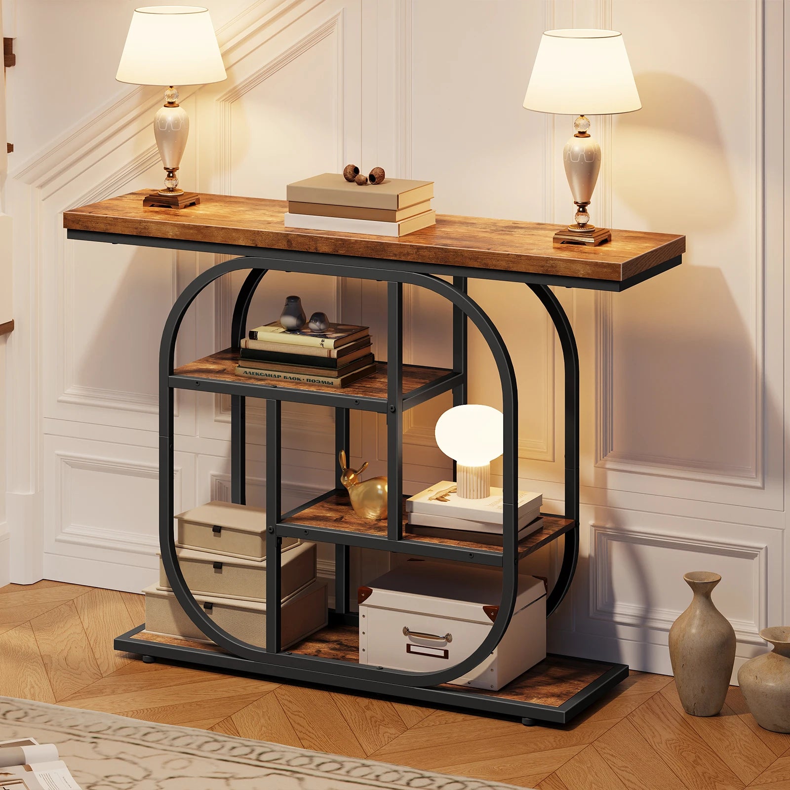 Console Table for Hallway 110 cm Industrial 4-Tier Display Sofe Table with Storage Hallway Table Geometric Frame for Entryway