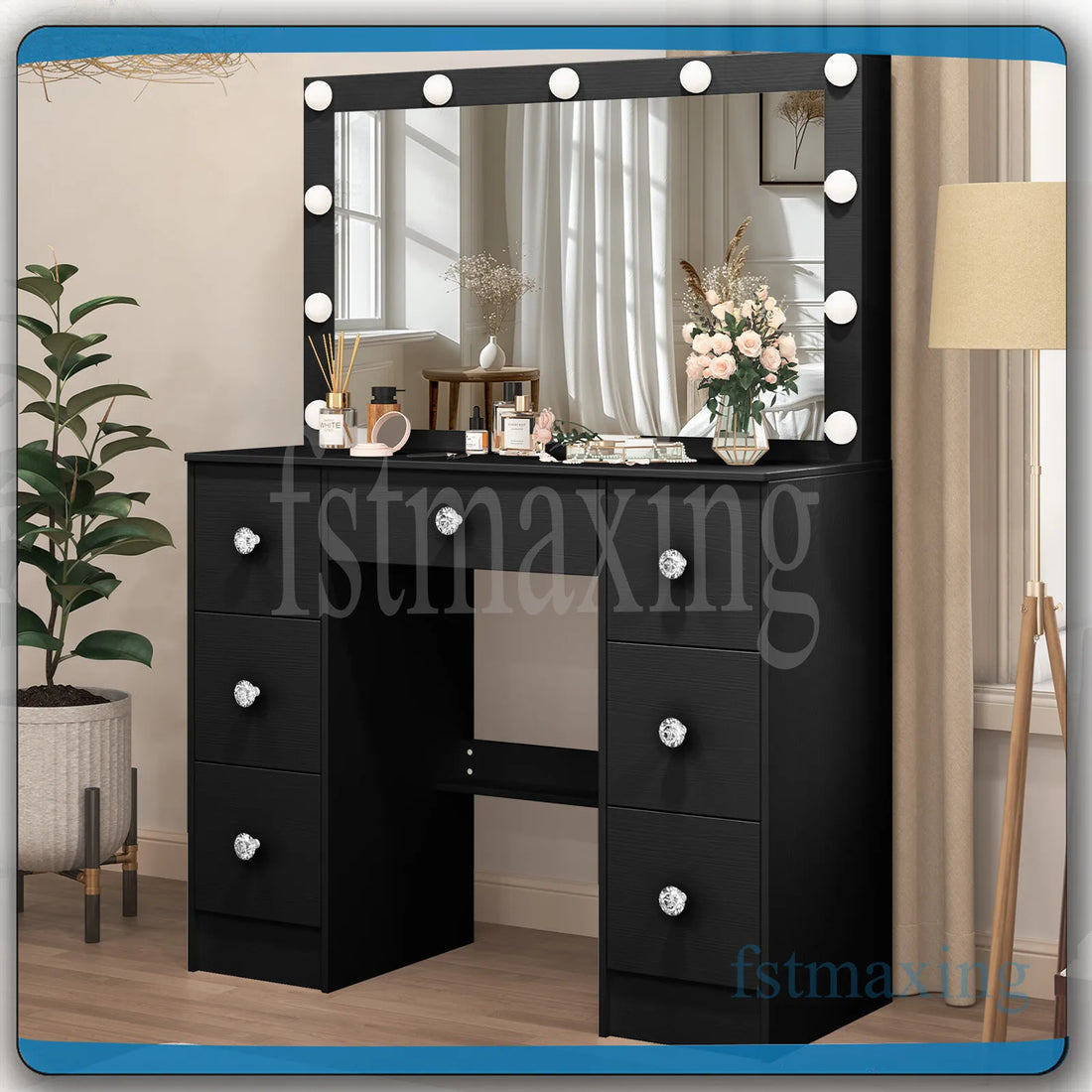 Black Dressing Table With 11 LED Light Mirror 7 Drawers Vanity Table Makeup Desk