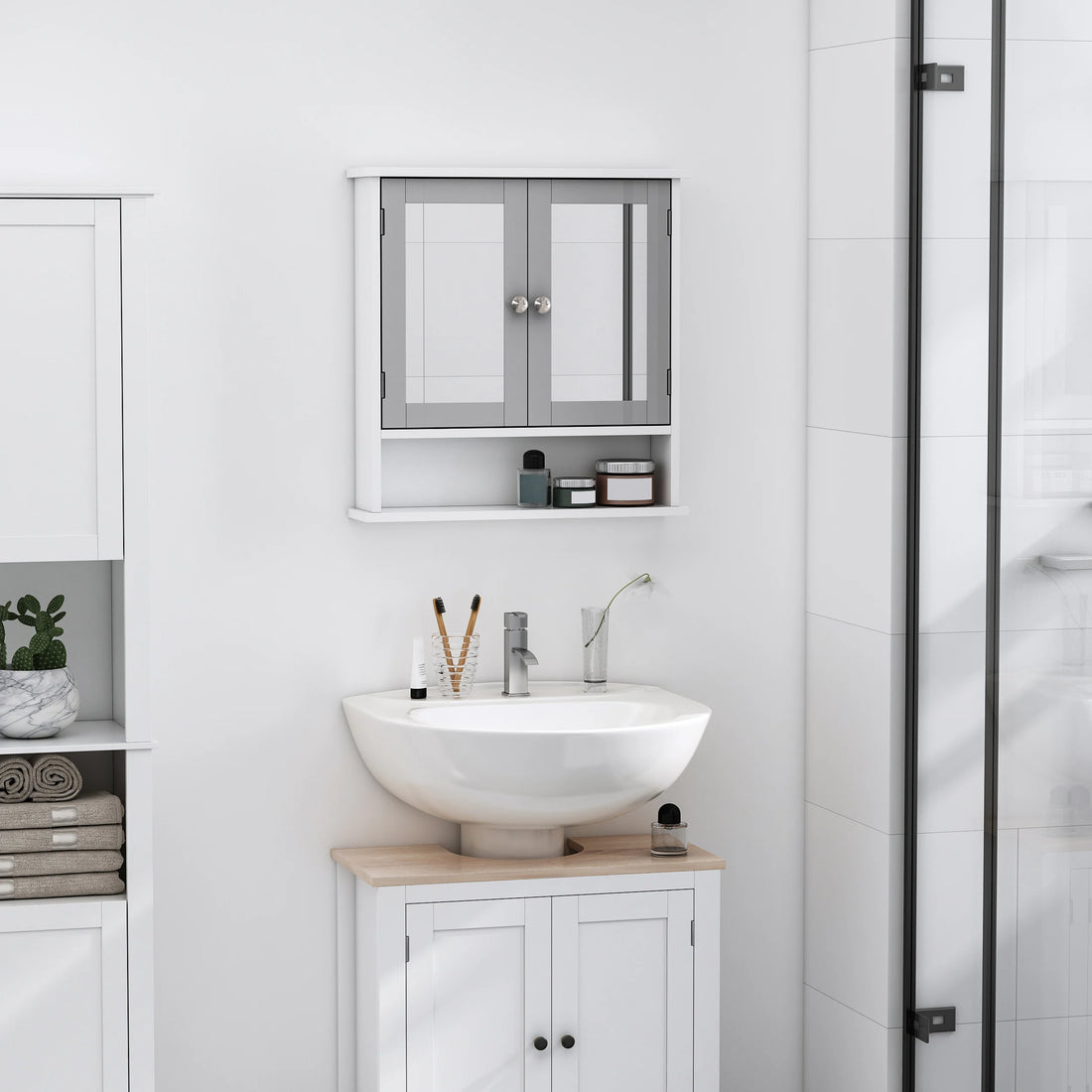 Wall Mounted Mirror Cabinet W/ Double Mirror Doors & Adjustable Shelf
