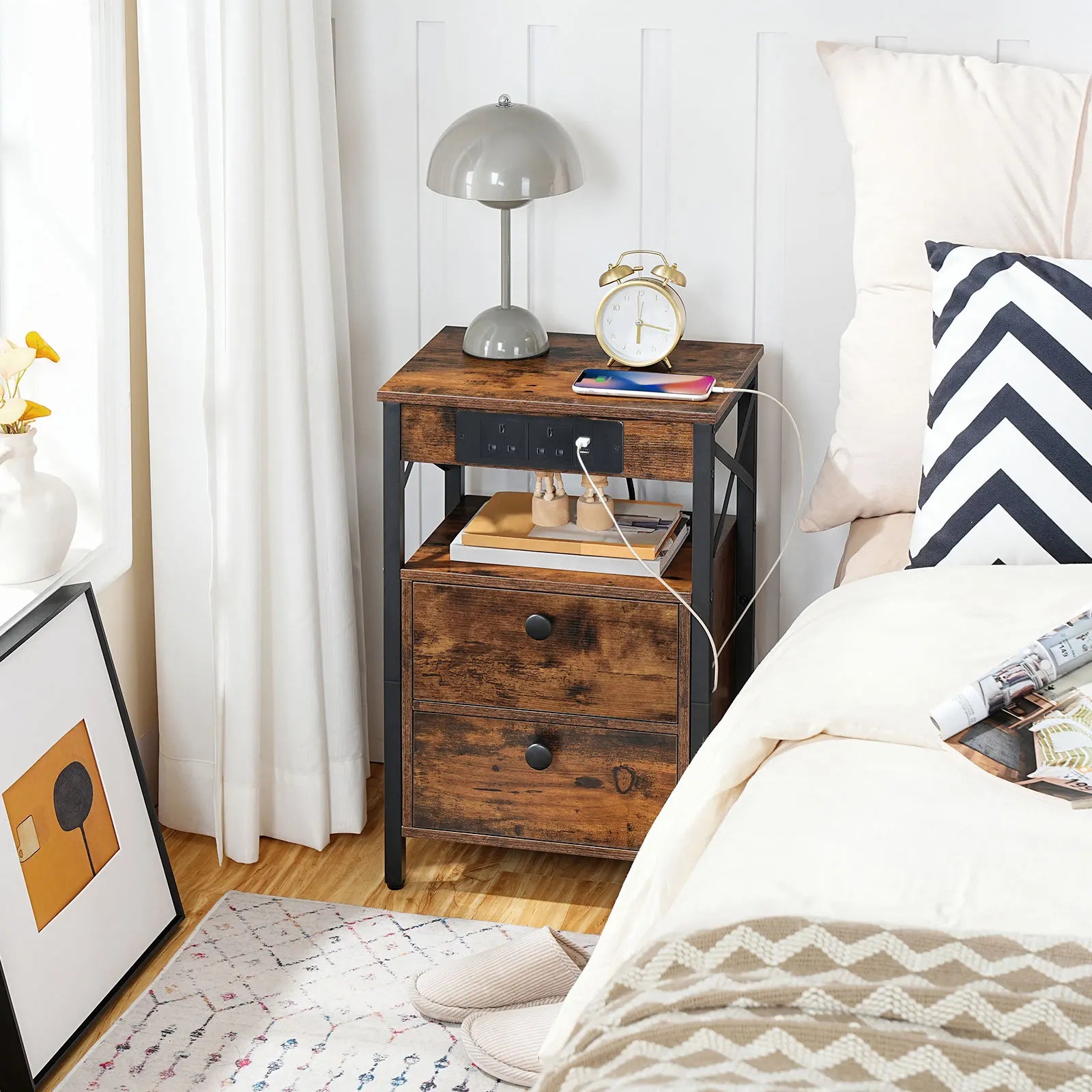 Bedside Table with Charging Station Side Table with 2 USB Ports and 2 AC Outlets Bed Side Table with 2 Flip-Down Compartments