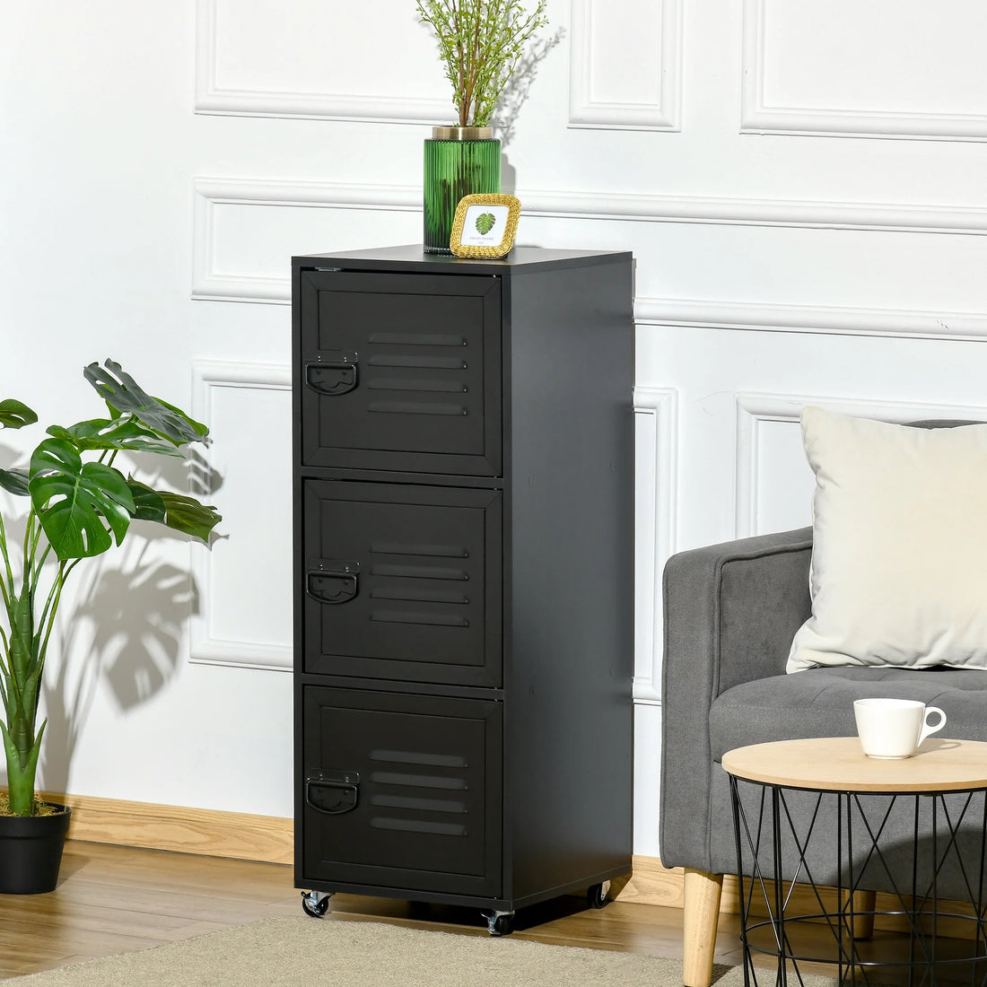 Rolling Storage Cabinet 3-Tier Mobile File Cabinet with Wheels Black