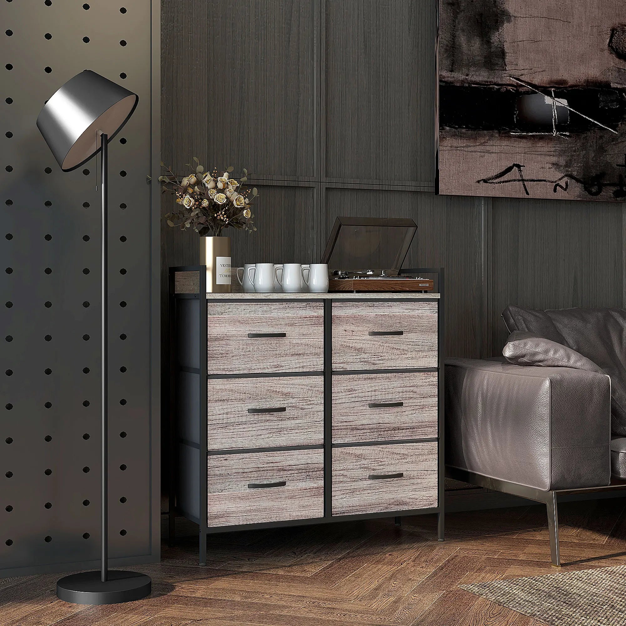 Bedroom Chest of Drawers 6 Drawer Dresser w/ Shelf, Grey Wood Effect