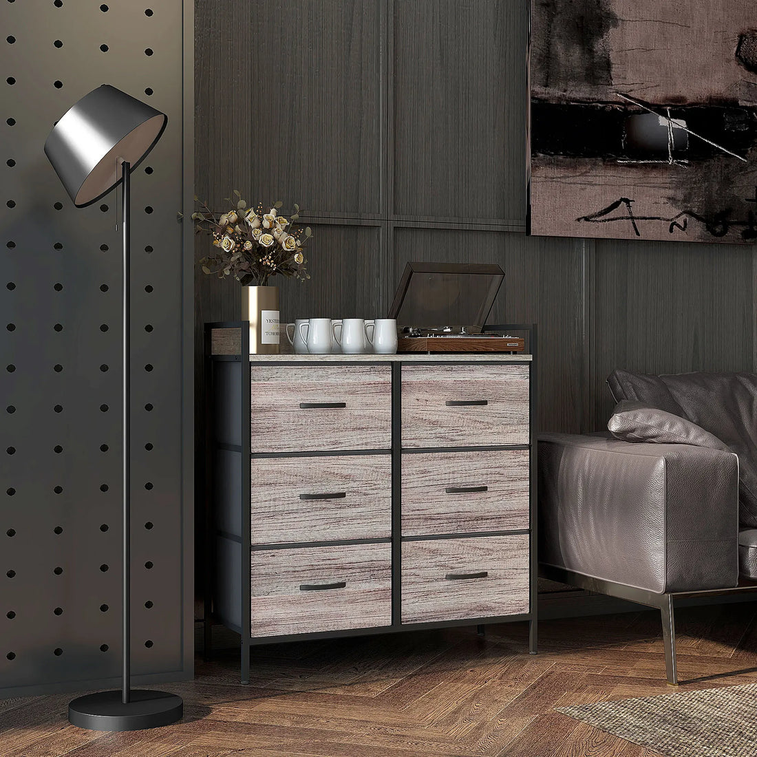 Bedroom Chest of Drawers 6 Drawer Dresser w/ Shelf, Grey Wood Effect