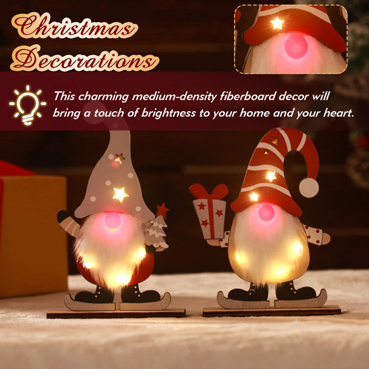 2PCS LED Cute Christmas Ornament Multi-Purpose Lovely Nordic Santa Claus Wooden Santa Decoration Gift for Friends