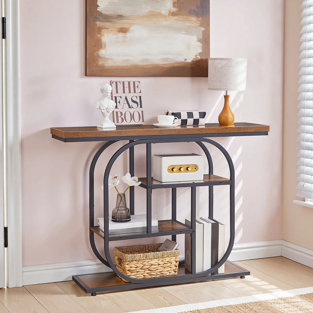Console Table for Hallway 110 cm Industrial 4-Tier Display Sofe Table with Storage Hallway Table Geometric Frame for Entryway
