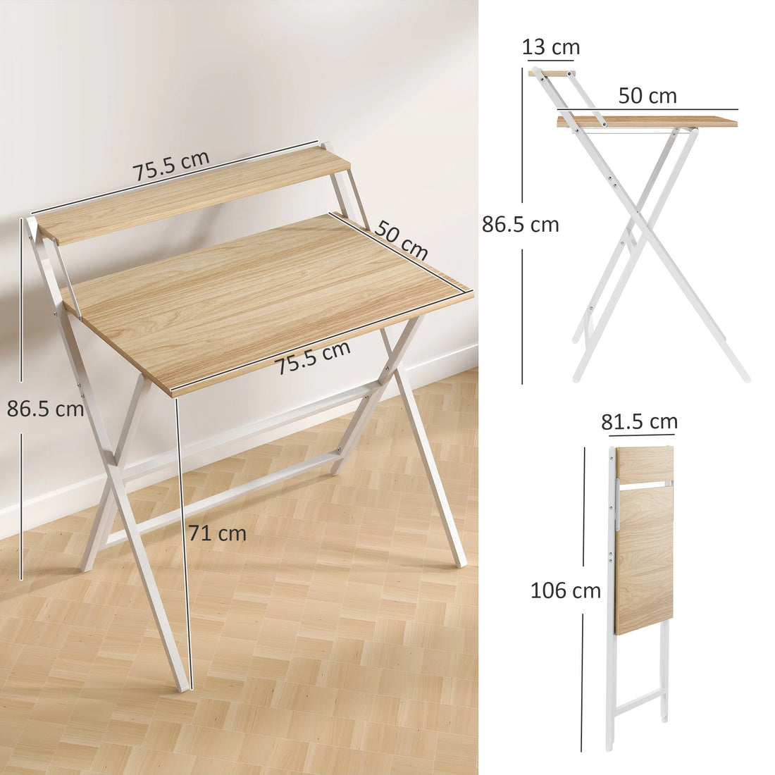 HOMCOM 81.5 cm Folding Computer Desk for Small Spaces Bedroom Natural