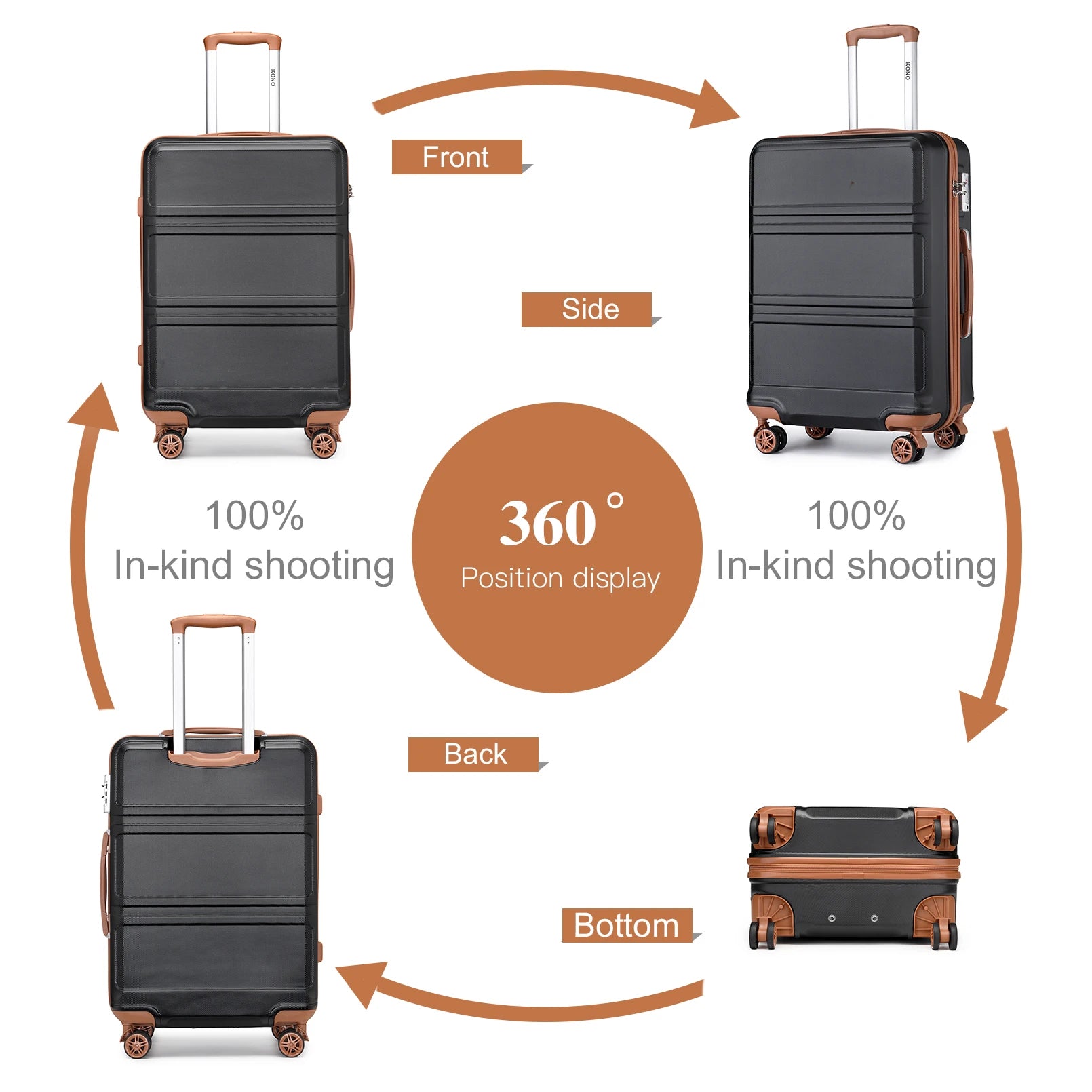 KONO 20/24/28 Inch Travel Trolley Case Hard Shell Suitcase, Lightweight ABS Carry On Luggage with TSA Lock, 360° Silent Double Spinner Wheels, 3-Level Adjustable Telescopic Handle,
