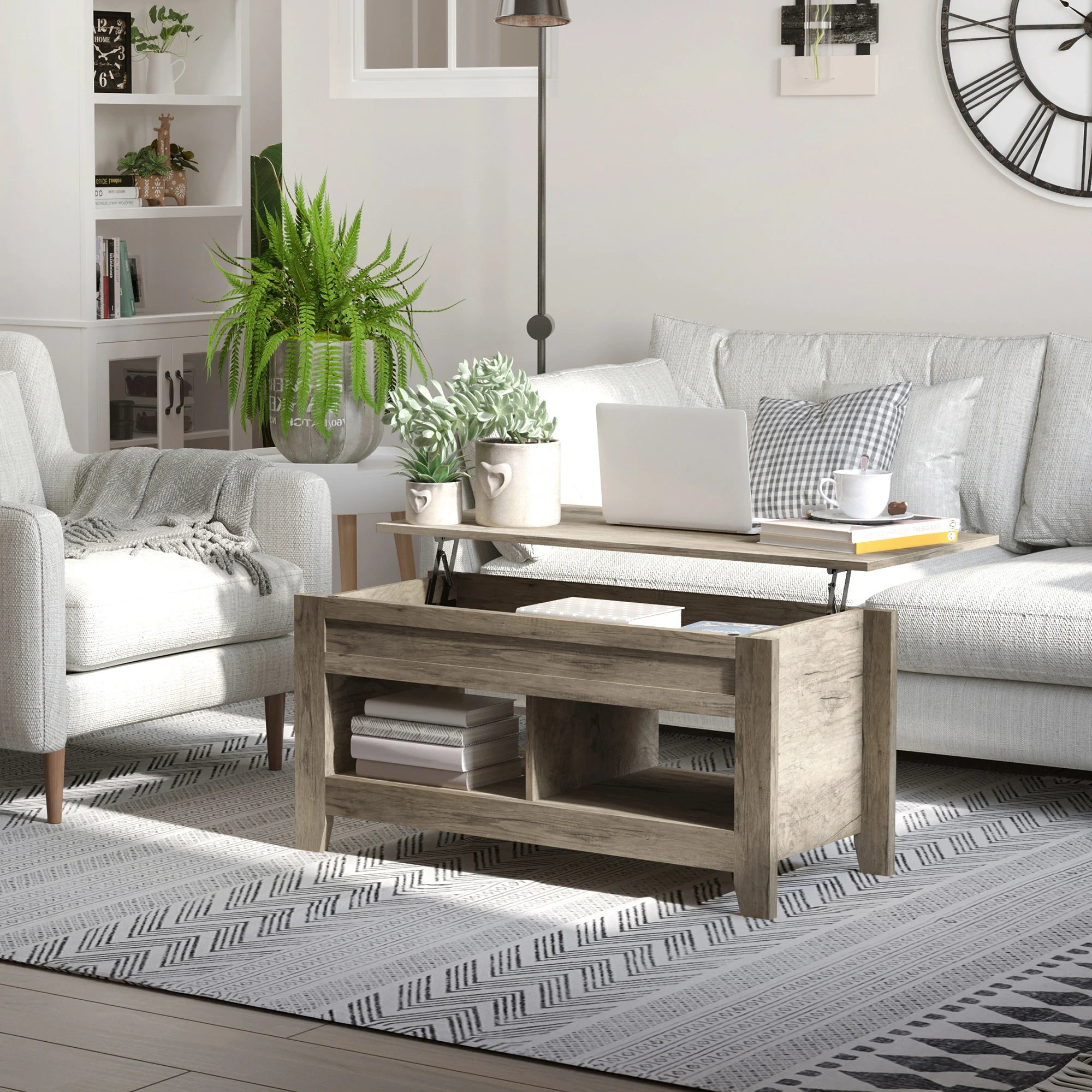 Lift Top Coffee Table w/  Hidden Storage Compartment & Shelves Oak