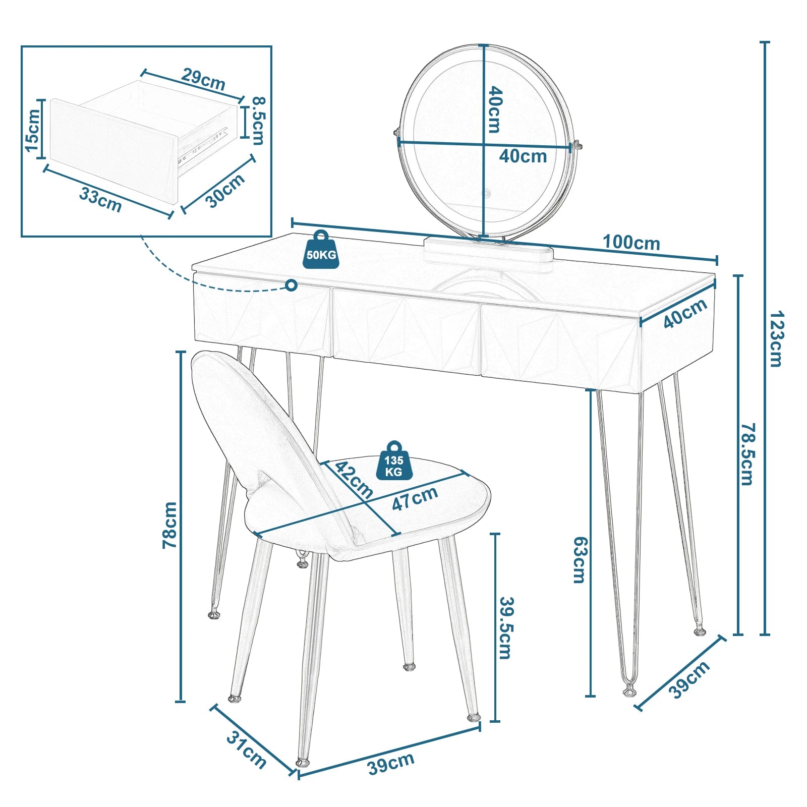 1SET Dressing Table with 360° Rotating Mirror Velvet Chair LED Light in 3 Light Colours Vanity Makeup Desk Cosmetic Table