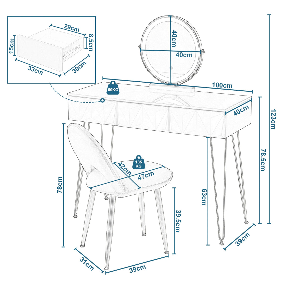 1SET Dressing Table with 360° Rotating Mirror Velvet Chair LED Light in 3 Light Colours Vanity Makeup Desk Cosmetic Table