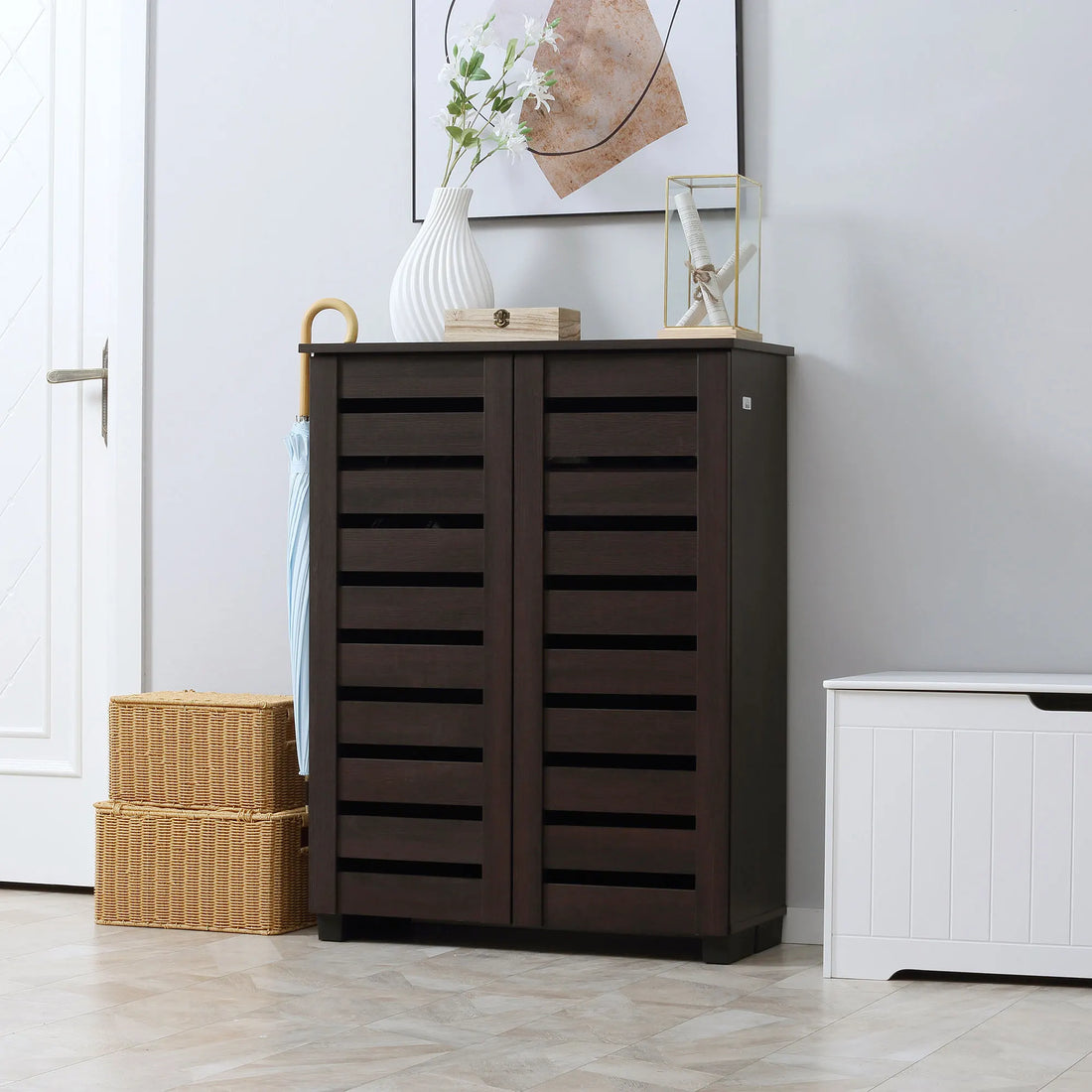 HOMCOM Shoe Storage Cabinet with Slatted Doors for 15 Pairs of Shoes Brown