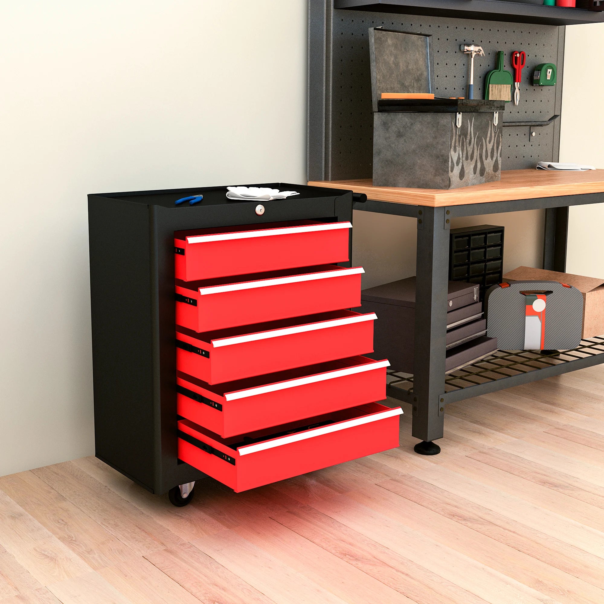 5-Drawer Tool Chest Steel Lockable Tool Storage Cabinet w/ Wheels Red