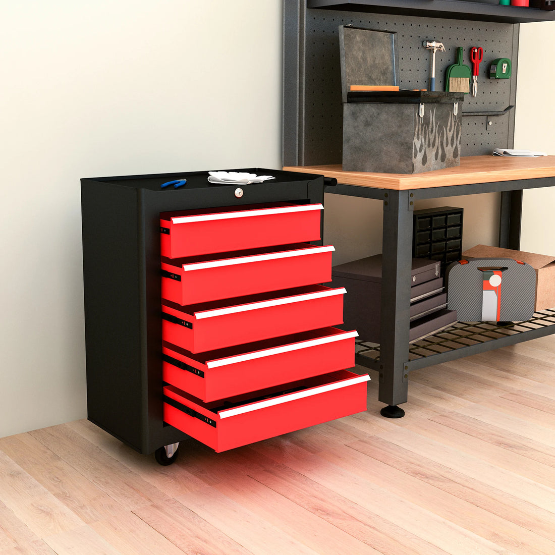 5-Drawer Tool Chest Steel Lockable Tool Storage Cabinet w/ Wheels Red