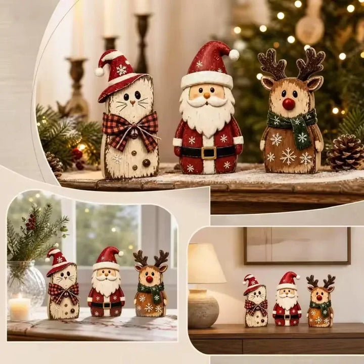 Christmas Wooden Tabletop Figurines 3Pcs Santa Reindeer Cat Statue Set Holiday Home Desktop Decor Ornaments for Xmas Party
