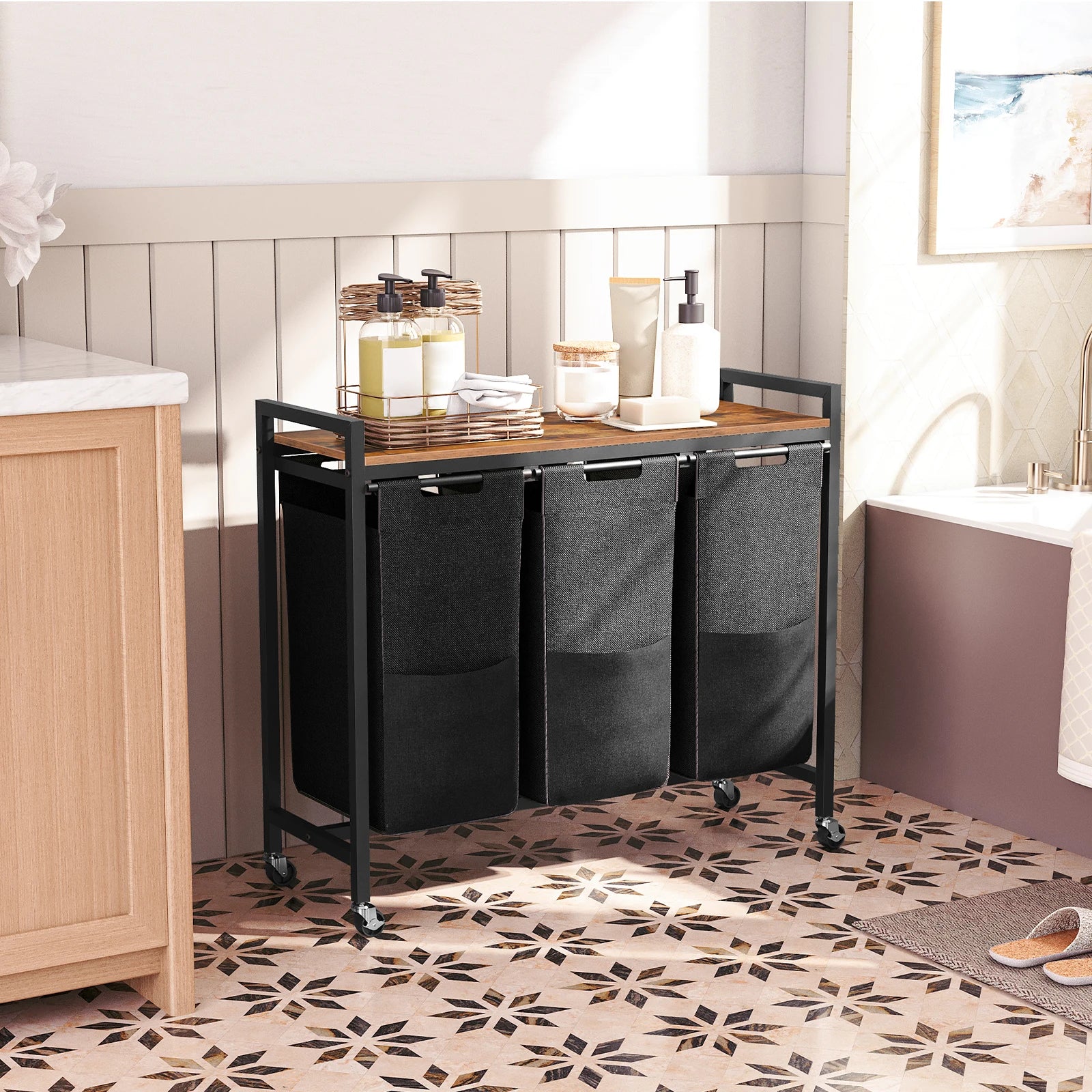 HOOBRO Laundry Basket 3 Compartments Laundry Sorter 3 × 40 L Laundry Hamper with Lid Laundry Trolley on Wheels Washing Baskets