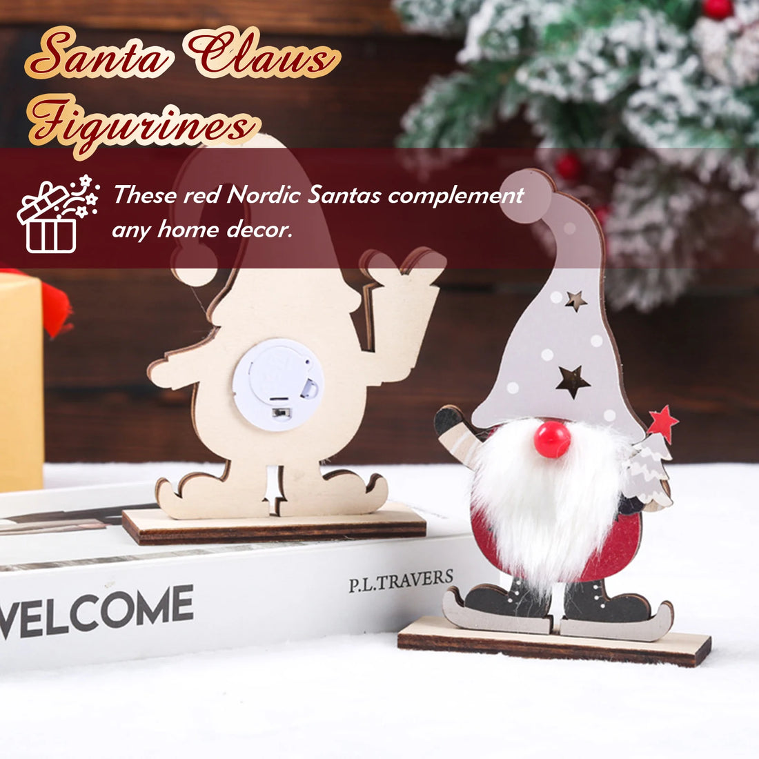 2PCS LED Cute Christmas Ornament Multi-Purpose Lovely Nordic Santa Claus Wooden Santa Decoration Gift for Friends