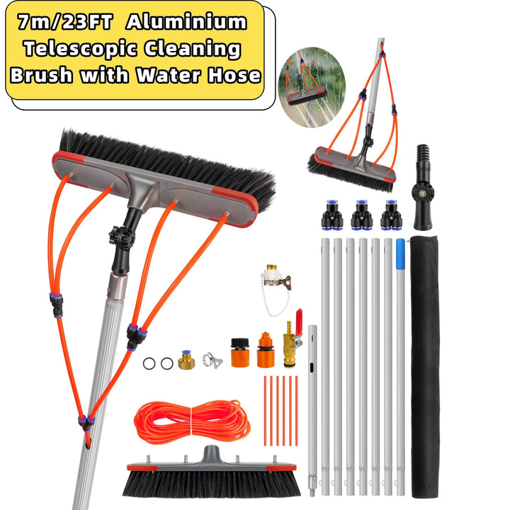 7m/23FT Aluminium Telescopic Window Cleaning Brush with Water Hose – 180° Rotatable 35cm Brush Head & Accessories for Windows, Solar Panels, Roofs & Cars
