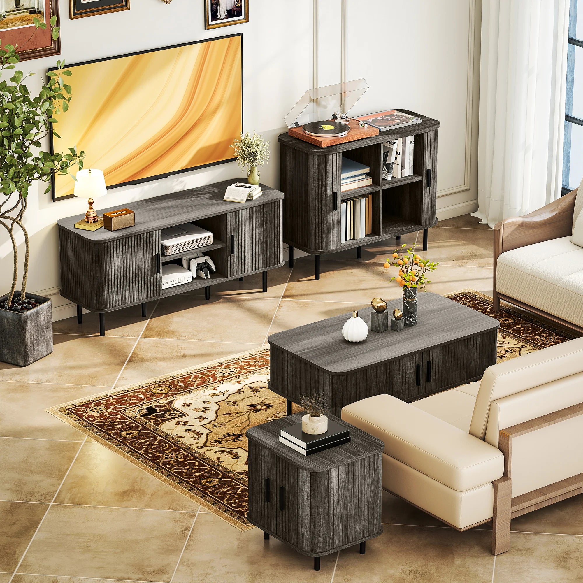 Sideboard Storage Cabinet with Slatted Tambour Sliding Doors Grey