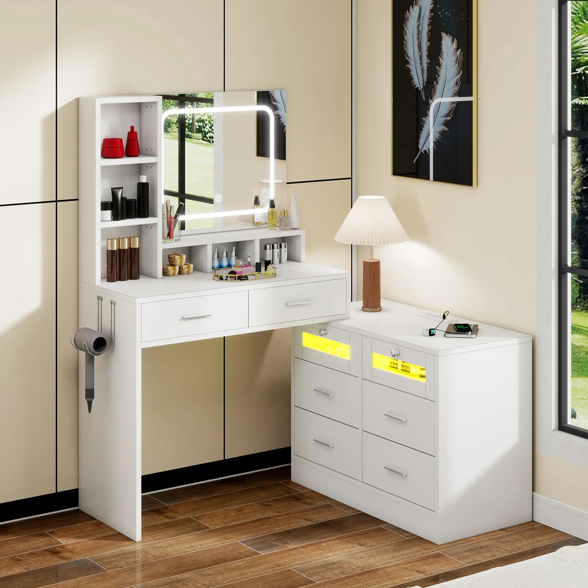 YITAHOME Corner LED Vanity Table with Charging Station Drawers Adjustable Shelves Makeup Desk