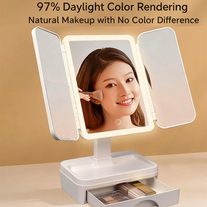 LED Drawer Type Makeup Mirror with 180° Rotation, HD Large Mirror Surface, 97% Daylight Color Rendering & Integrated Storage