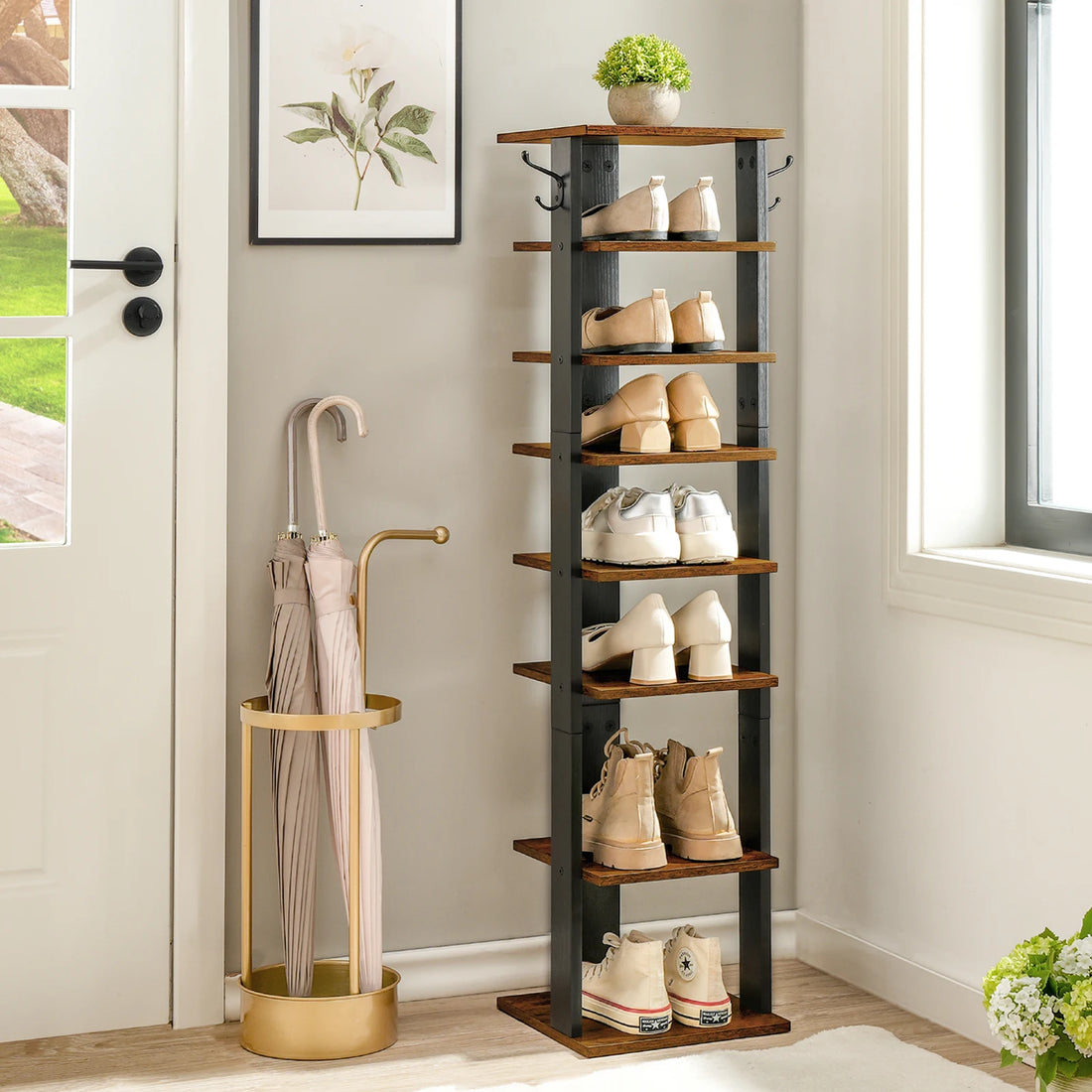 Shoe Rack Wooden, Tall Shoe Rack, Narrow Shoe Storage Organizer with 2 Hooks, Slim Shoe Shelf, Vertical Shoe Tower for Entrance,