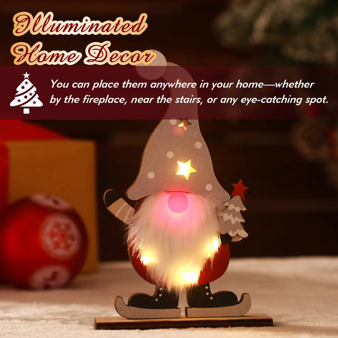 2PCS LED Cute Christmas Ornament Multi-Purpose Lovely Nordic Santa Claus Wooden Santa Decoration Gift for Friends